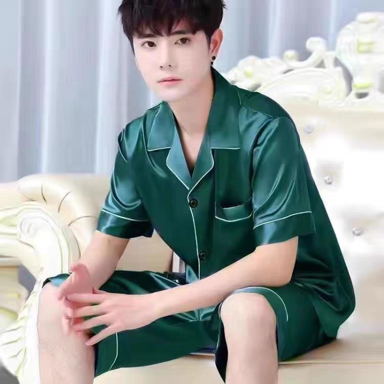 Ice Silk Pajamas Men's Summer Thin Cardigan Short-sleeved Shorts Youth Home Service Suit Simulation Silk