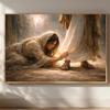 Mulher Curada pela Fé Arte de Parede Cristã Tocando a Barra da Roupa de Jesus Tela, Arte de Escritura Rústica, Arte Pacífica de História Bíblica