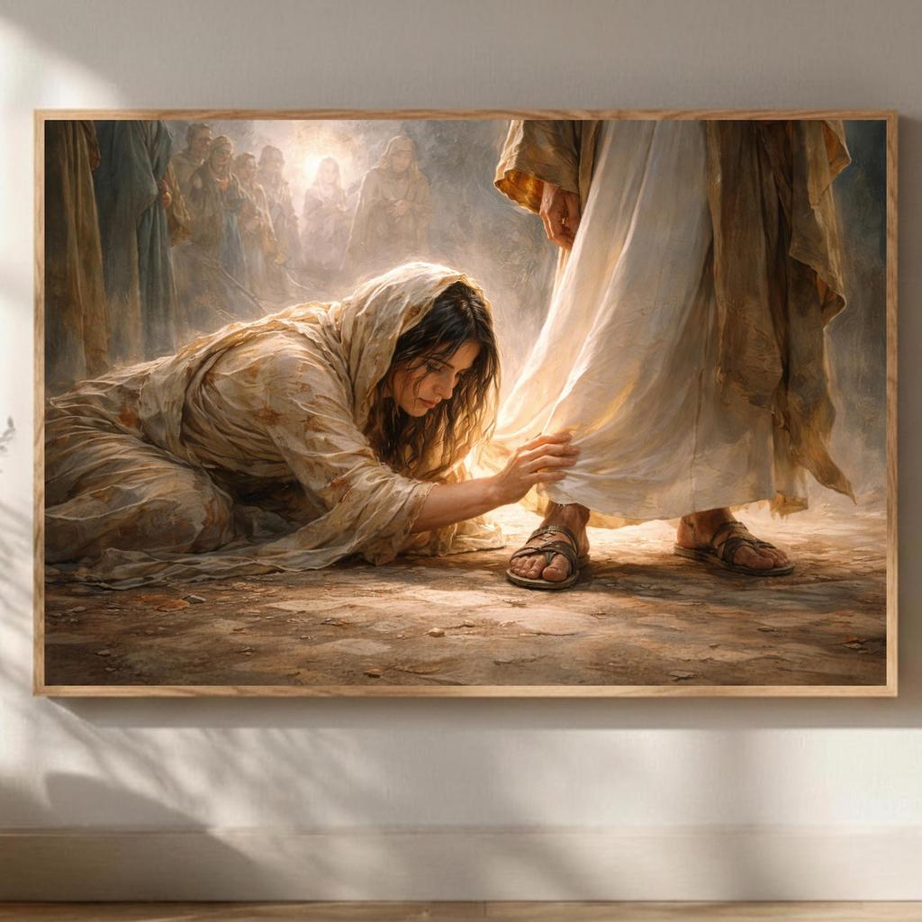 Woman Healed by Faith Christian Wall Art Touching the Hem of Jesus’ Garment Canvas, Farmhouse Scripture Artwork, Peaceful Bible Story Art