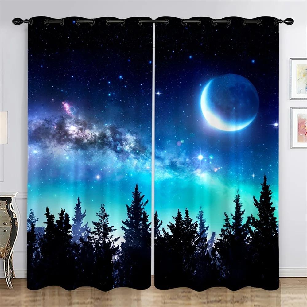 Blue Night Moon Cloud Galaxy Shine Stars Starry Window Curtain Great for Living Area Kids Bedchamber Bathroom Kicthen Door Residence Decoration