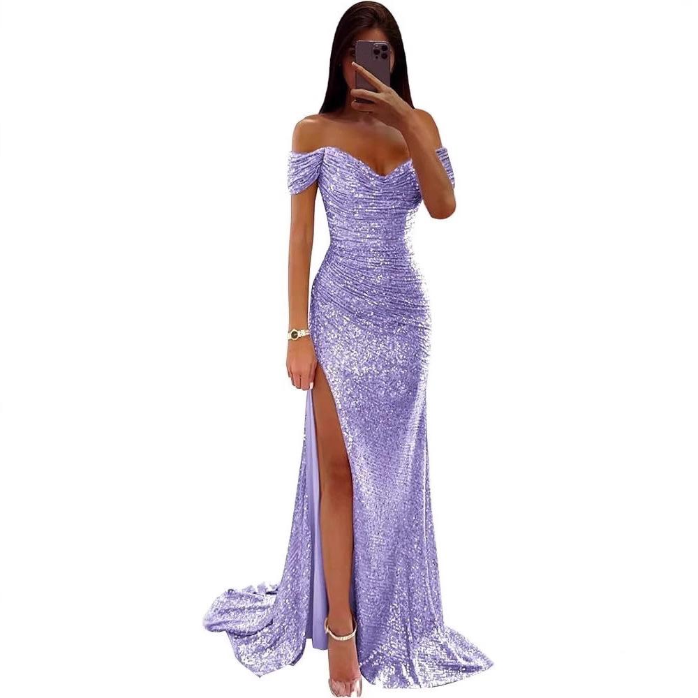 New Women's Off Shoulder Sequin Evening Dress High Slit Bodycon Maxi Party Gown for Formal Cocktail Prom Wedding Guest Events