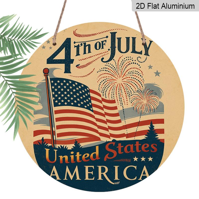 2D Flat 1pc, 8x8 In, Independence Day Celebration Themed Round Aluminum Metal Sign; Front Door Porch, Living Room, Bedroom Home Decor, Country Style