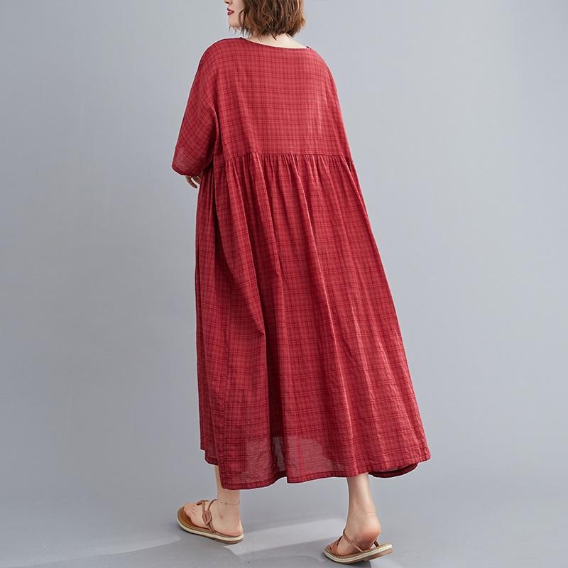 Robe d'été longue et décontractée en coton à manches courtes et à carreaux vintage pour femme, grande taille