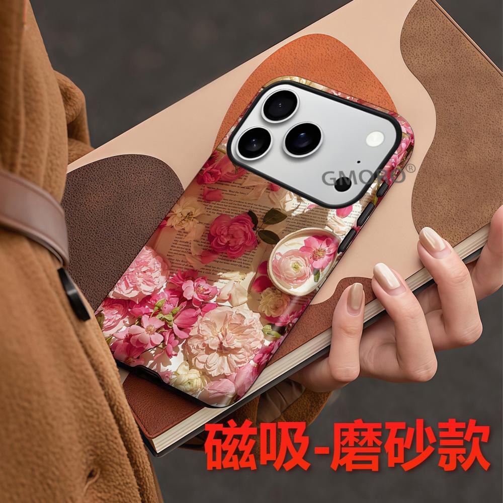 Foreign trade explosion literary newspaper collage flower magnetic mobile phone case iPhone15 two-in-one film case Apple 17