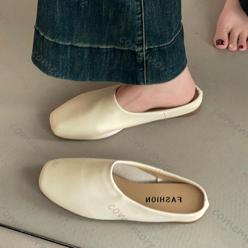 Fashion Comemore Retro Square Head Baotou Half Slippers Female Spring Summer Outside Wear Soft Leather Casual Solid Flat Mules Slides