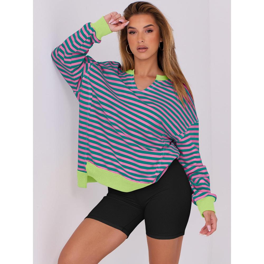 Autumn and Winter Colorful Striped V-neck Loose Sports Women's Hoodies & Sweatshirts