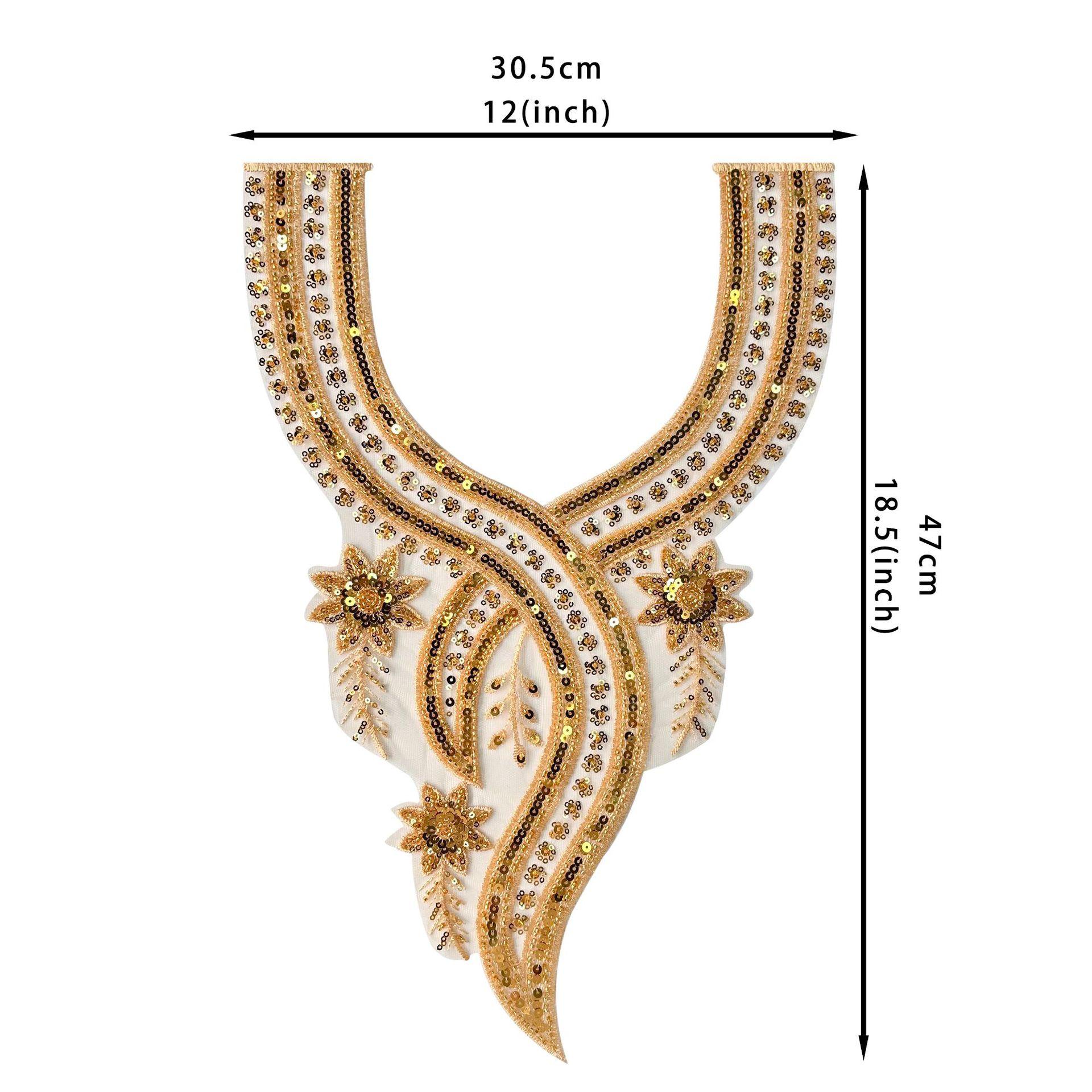 

Heavy Industry Luxury Gold Beaded Sequins V-Neck Patch Evening Dress Performance Dress Decorative Front Neck Fabric Stickers Accessories H6113