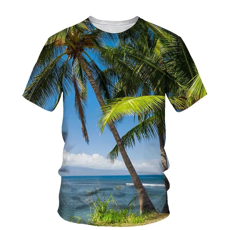 Coconut Plant 3D Printing T-shirts Vacation Sunset Short Sleeves Outdoor Street Summer Round Neck Men's and Women's Unisex T-shirts