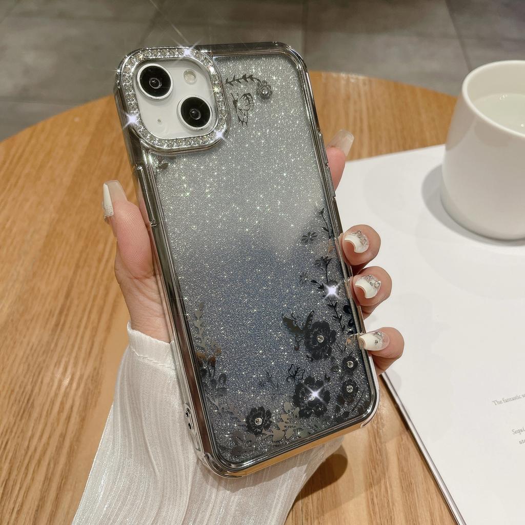Suitable for Apple 16ProMax, Butterfly Ring Stand, Phone Case, Rhinestone, IPhone15 Electroplated Gradient Glitter Case