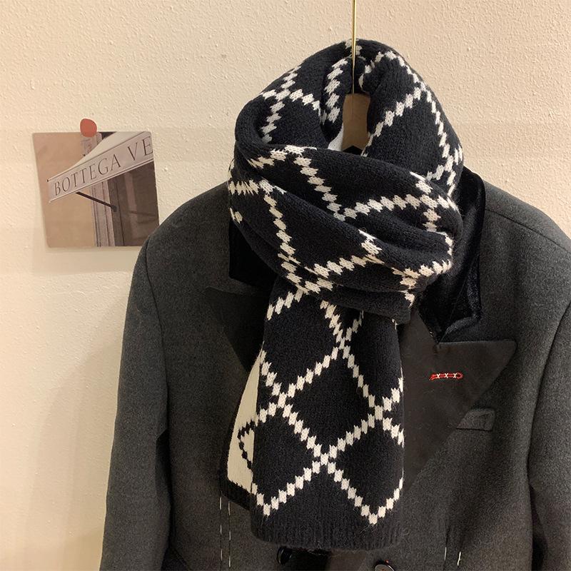 Scarf for Girls New Winter Double Sided Versatile High-end Warm and Thickened Wool Knitted Plaid Scarf Trendy