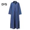 Fall Spring Women Dress Solid Color Loose Denim Turn Down Collar Long Sleeve Ankle Length Button Split Hem Plus Size Bohemian Commute Maxi Dress