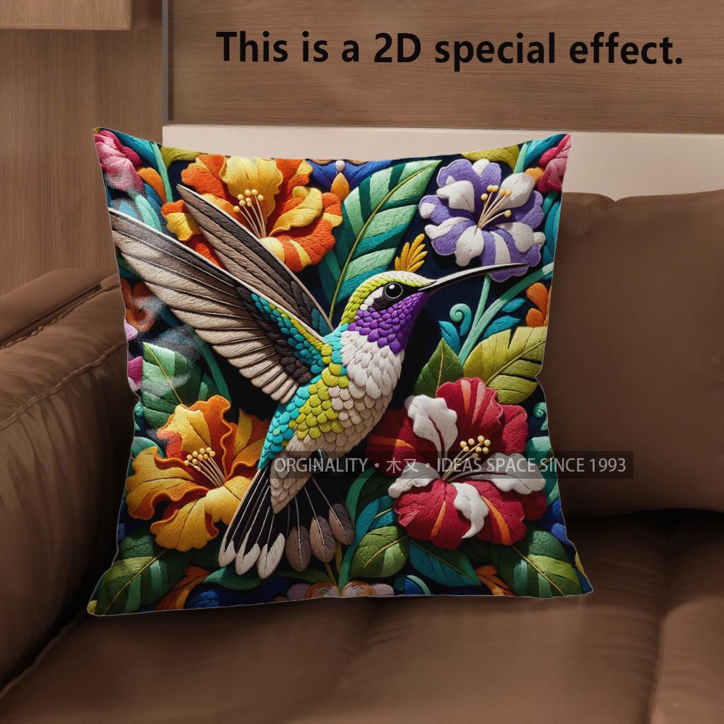 2D Bohemian Hummingbird Floral Throw Pillow Covers Pattern Cushion Cover Suitable For Sofa Bedroom Car Pillow Cover