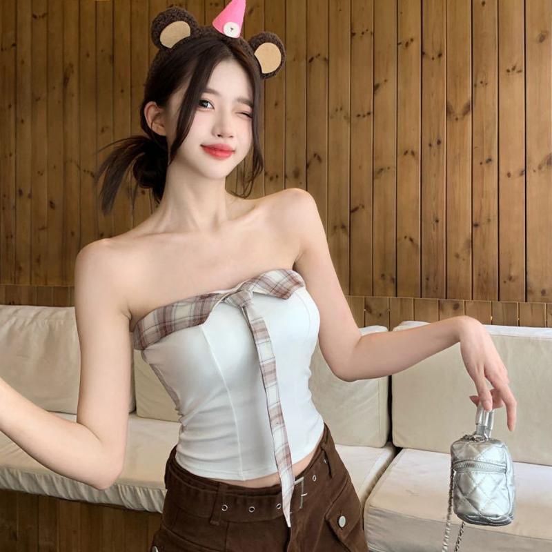 Women'S Retro Plaid Patchwork Tube Top Pure Desire Sexy Strapless Slim Vest With Chest Pad