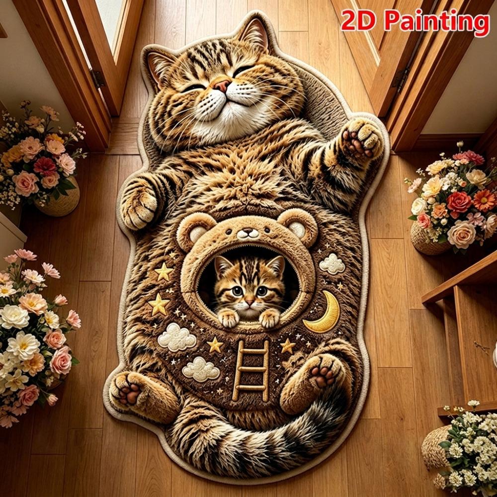 2D Cat-Shaped Area Rug Non-Slip Cartoon Carpet Cute Home Decor Carpet Living Rooms