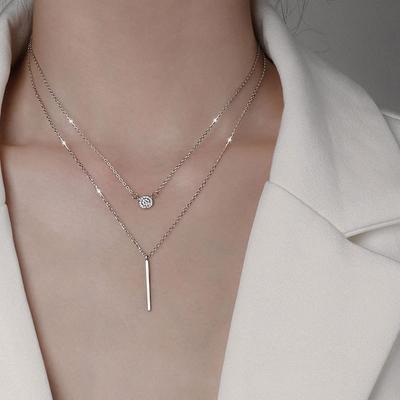 925 Sterling Silver Necklace Double Layer Chain Sparkling Zircon Long Pendant Necklace for Women  Fine Jewelry Accessories
