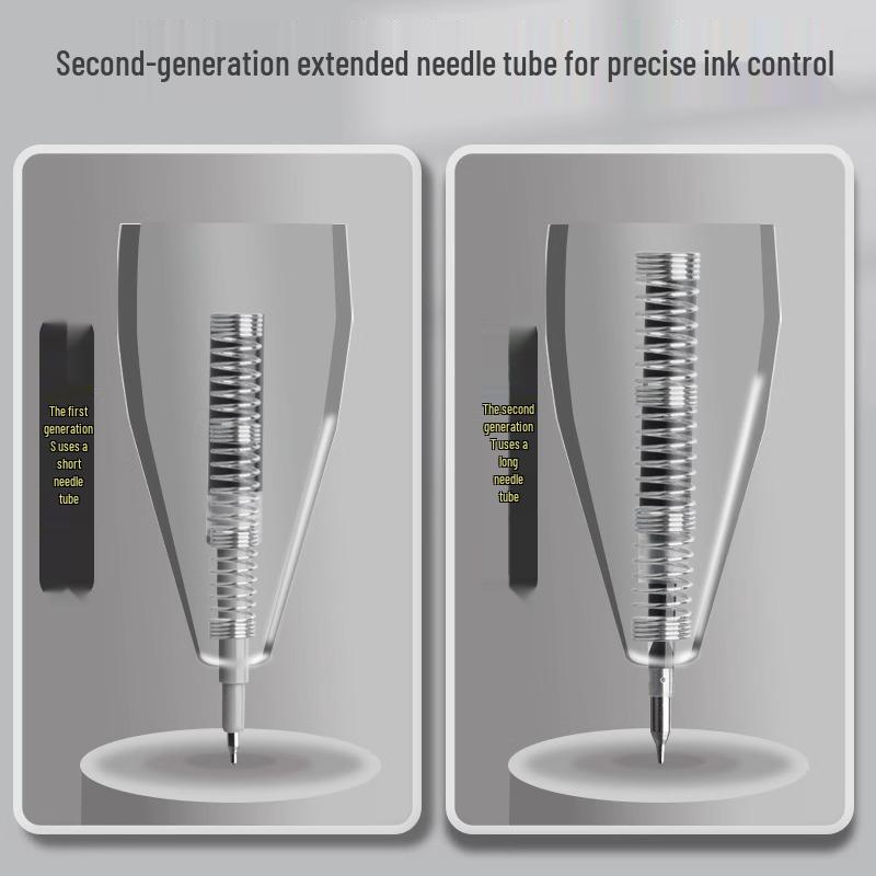 Deli Quick-Drying Press-Type 0.5mm ST Nib Student Pen: Transparent Barrel Black Ink.