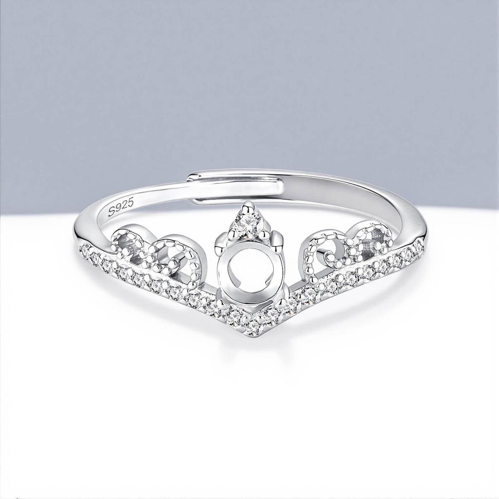 S925 Sterling Silver 4mm DIY Moissanite Princess Crown Ring