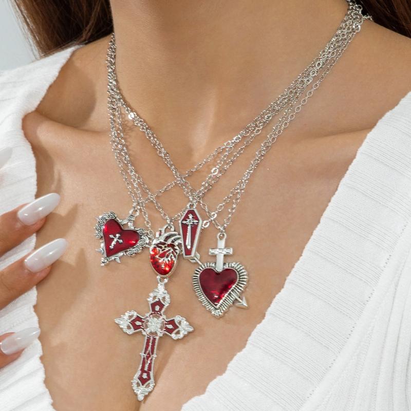 Gothic Hollow Out Diamond Studded Cross Pendant Necklace Set Y2K Personalized Thorn Love Black Bead Stacked Necklace Set