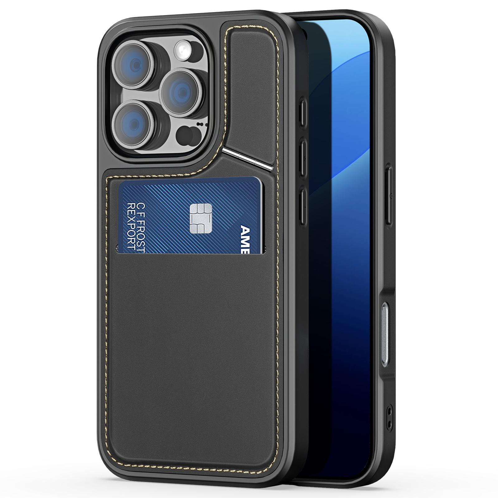 

DUX DUCIS Rafi II Series for iPhone 16 Pro Magnetic Case Kickstand Card Slots Leather+TPU Phone Cover Black