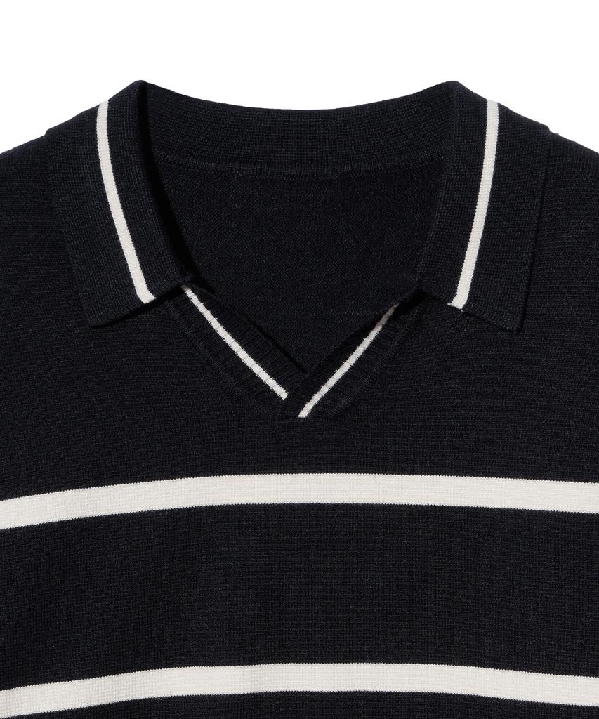 IRONYPORNO WHITELINE 86-Iroj365 Open-Neck Striped Long-Sleeve Knit Black