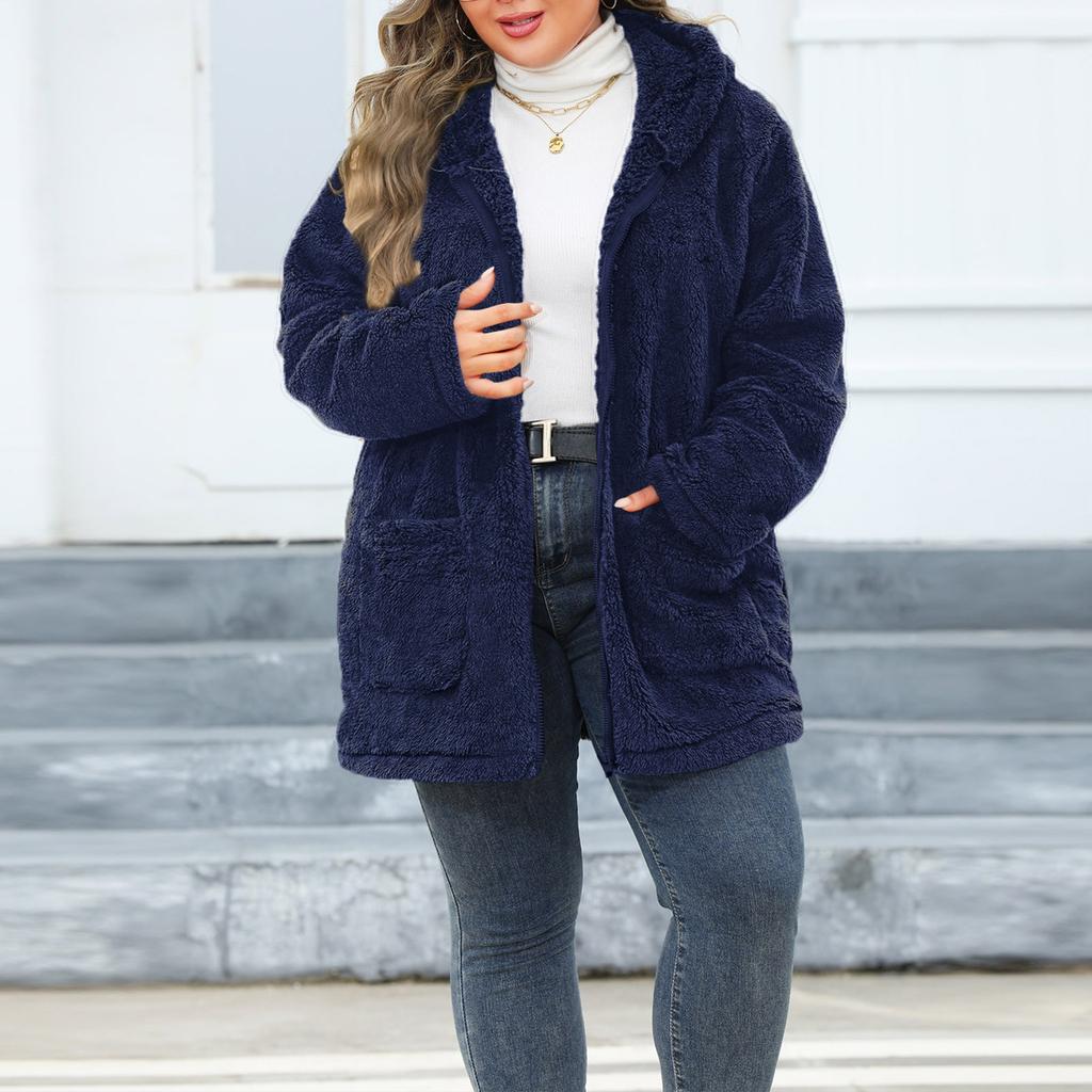 Modny damski płaszcz plus size z grubym kapturem i pluszowym wykończeniem