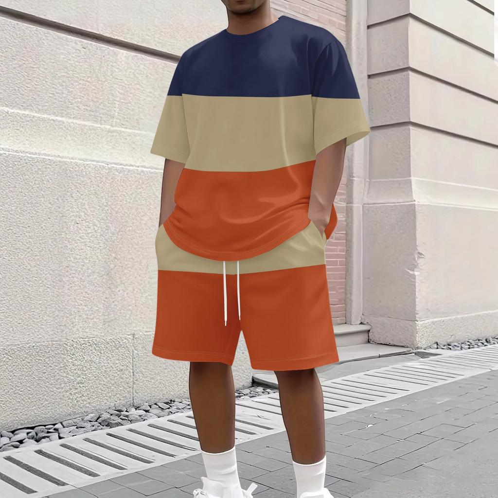Men's Casual Short Sleeve Crew Neck T-Shirt and Shorts Set Striped Pattern Lightweight Breathable Summer Outfit for Daily Wear