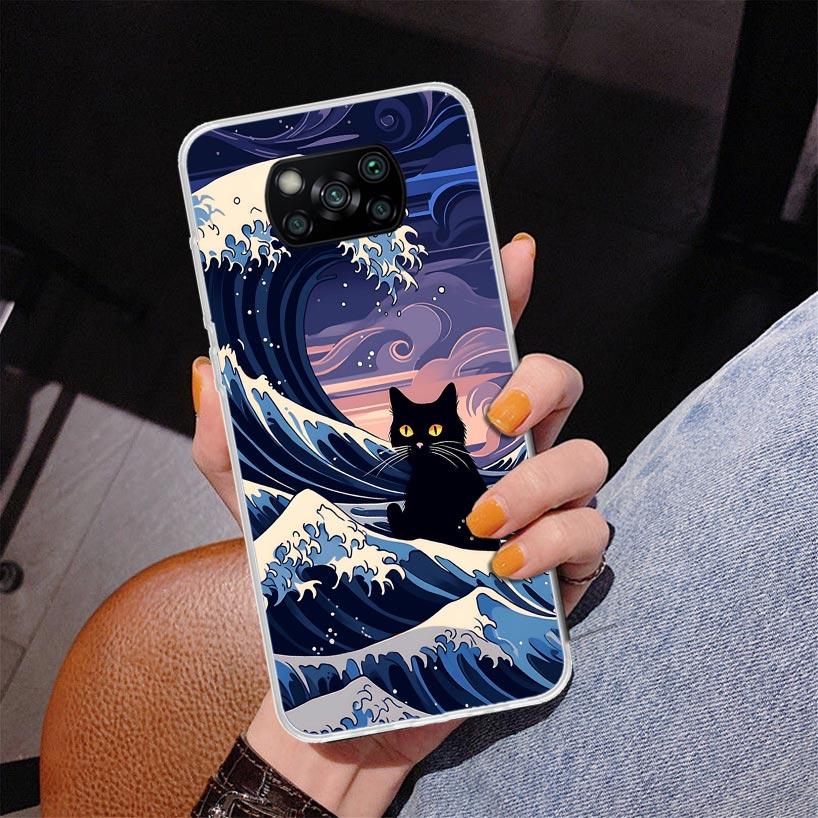 Anime Cat Sea Wave Aesthetic Phnoe Case for Xiaomi Poco X5 X6 X7 Pro X4 Gt F7 Ultra M8 M7 Redmi 15C 15 13C 13 12C 12 Unique Cove