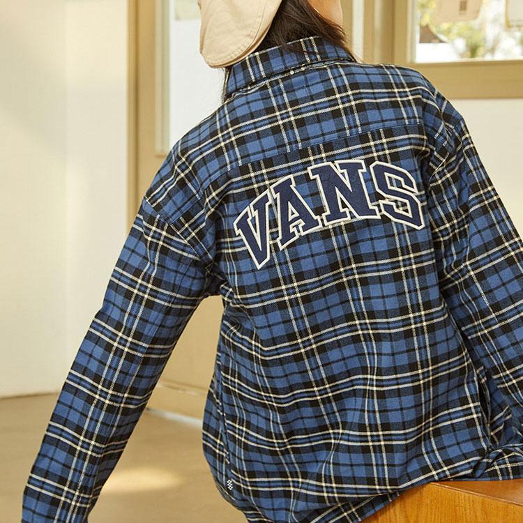 Vans Color-Block Plaid Logo Print Long Sleeve Shirt Women Tops Blue VN0A7TNT2T9
