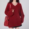 Red V-neck Sweater Spring and Autumn New Lazy and Loose Fitting Pullover Women Knitted Jacket Top