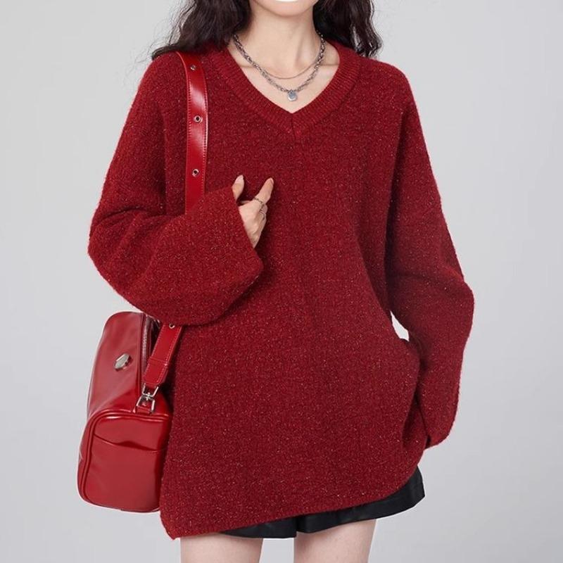 Red V-neck sweater Spring and Autumn new lazy and loose fitting pullover women knitted jacket top