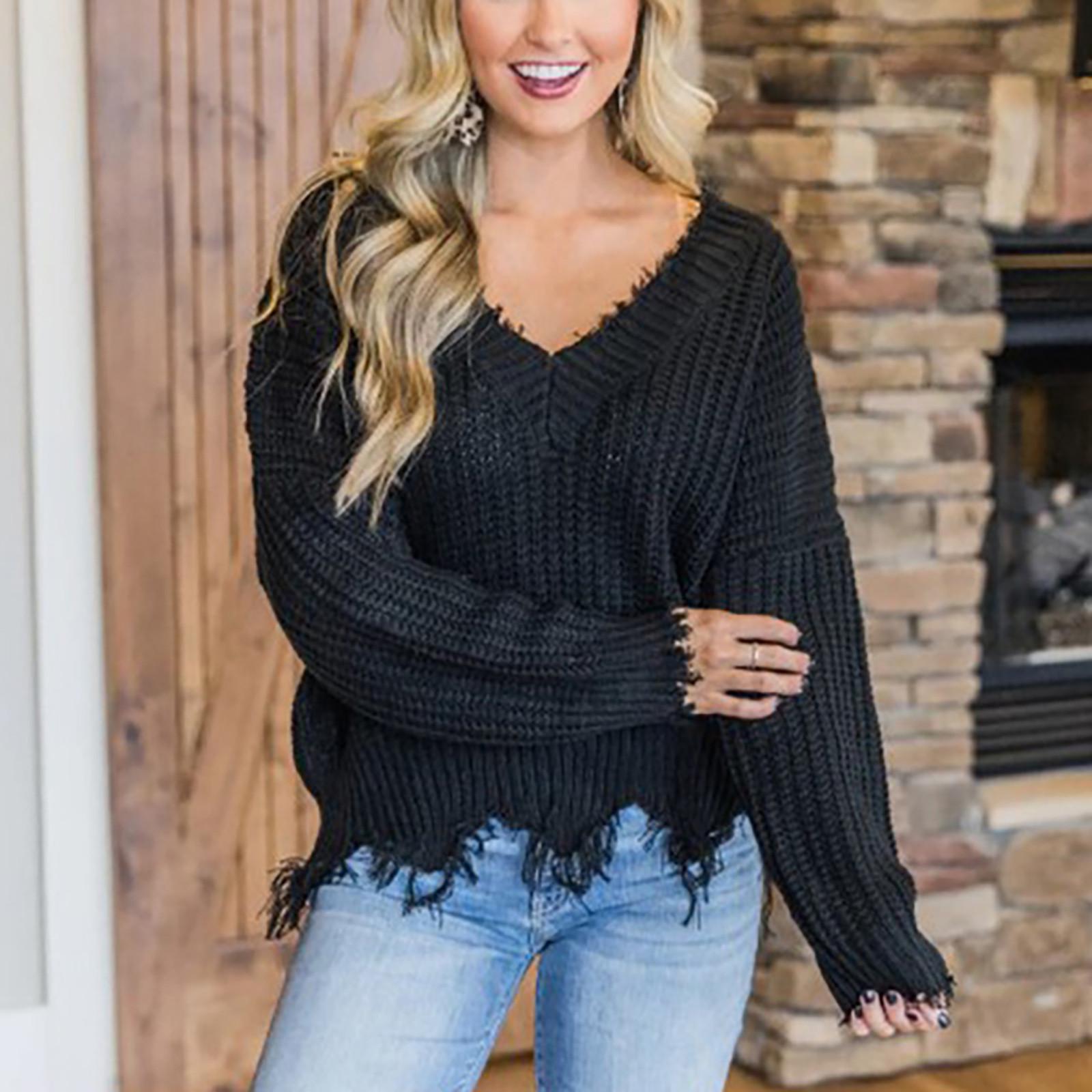 

Женский повседневный вязаный пуловер свитер с длинными рукавами топы блузка свитер XL чёрный