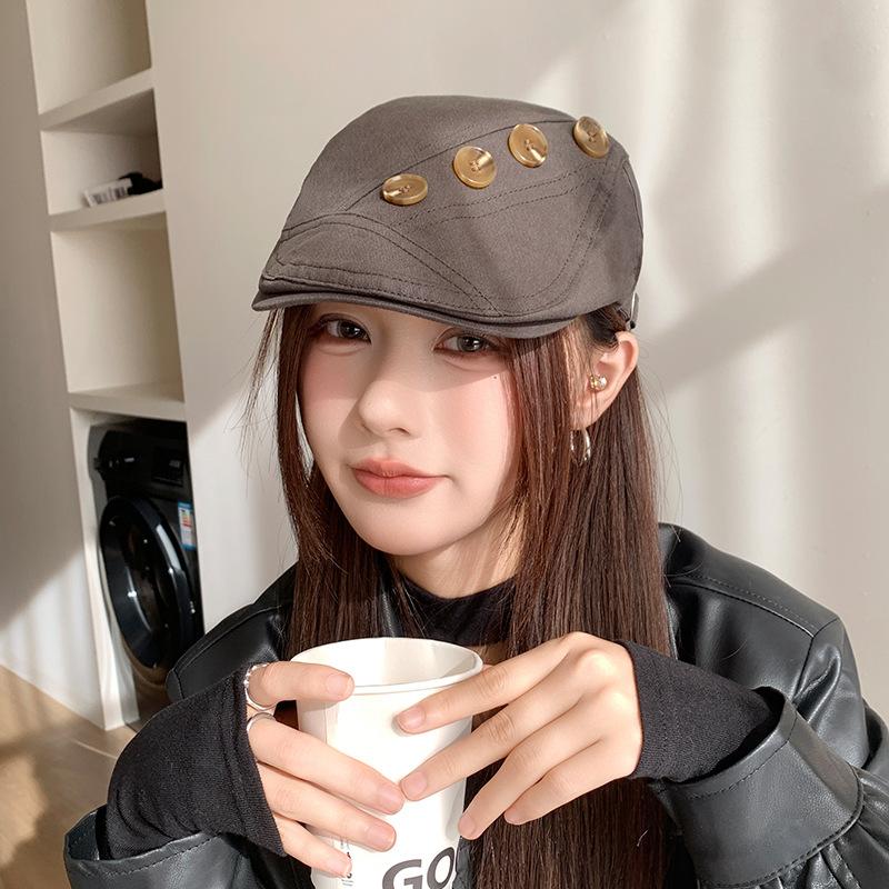 Korean Style Retro Button forward Hat for Women Autumn and Winter Literary Duck Bill Painter Hat Personality Casual Versatile Face Showing Beret
