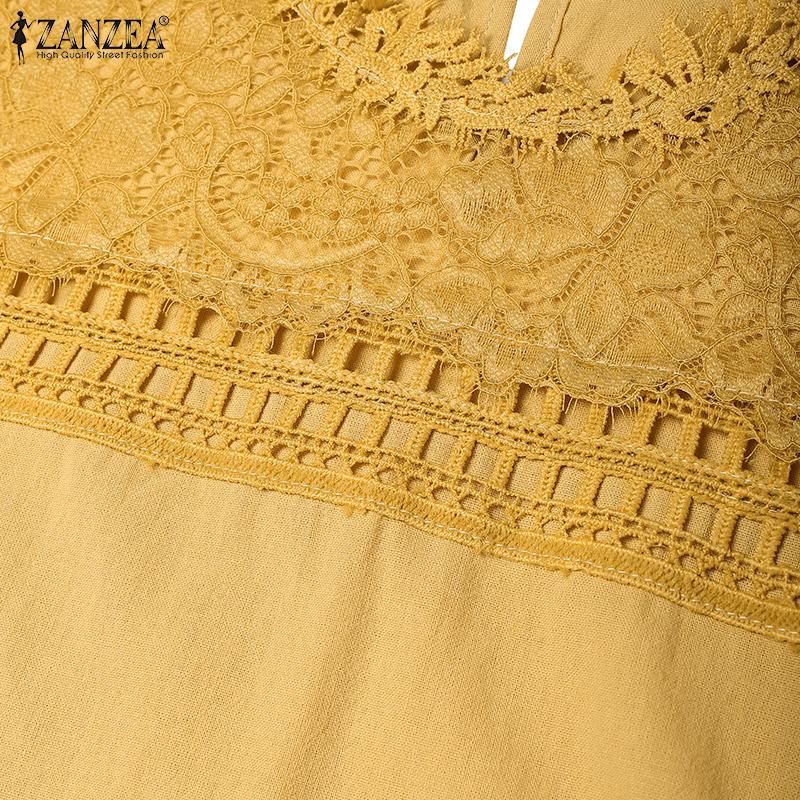 ZANZEA Abito Tunica Casual Vintage da Donna con Scollo Rotondo e Maniche Corte con Patchwork di Pizzo