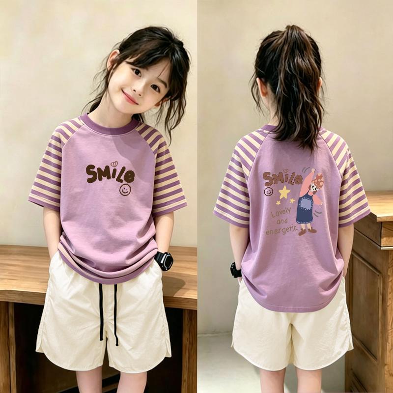 Girls' Striped Cotton T-Shirt & Shorts Set for Ages 6-12 – Summer Loose-Fit Two-Piece Outfit