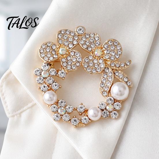 Retro Jewelry Pin Vintage Rhinestone Wreath Brooch, Flower Garland Lapel with Faux Casual Wear Brooch Pearls, Women Clothing Accessory for Dress Coats