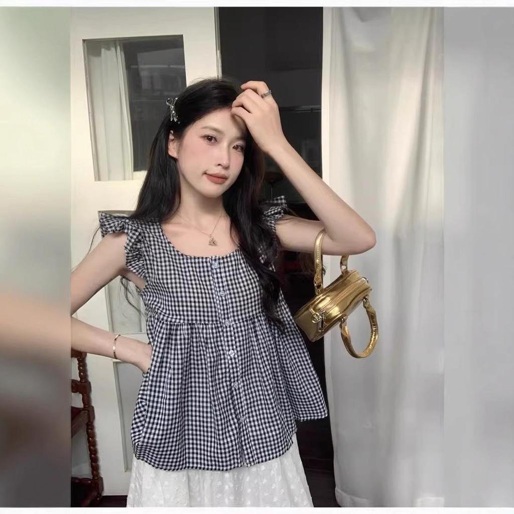 Women's Summer Plaid Loose-Fit Short-Sleeved Camisole Top