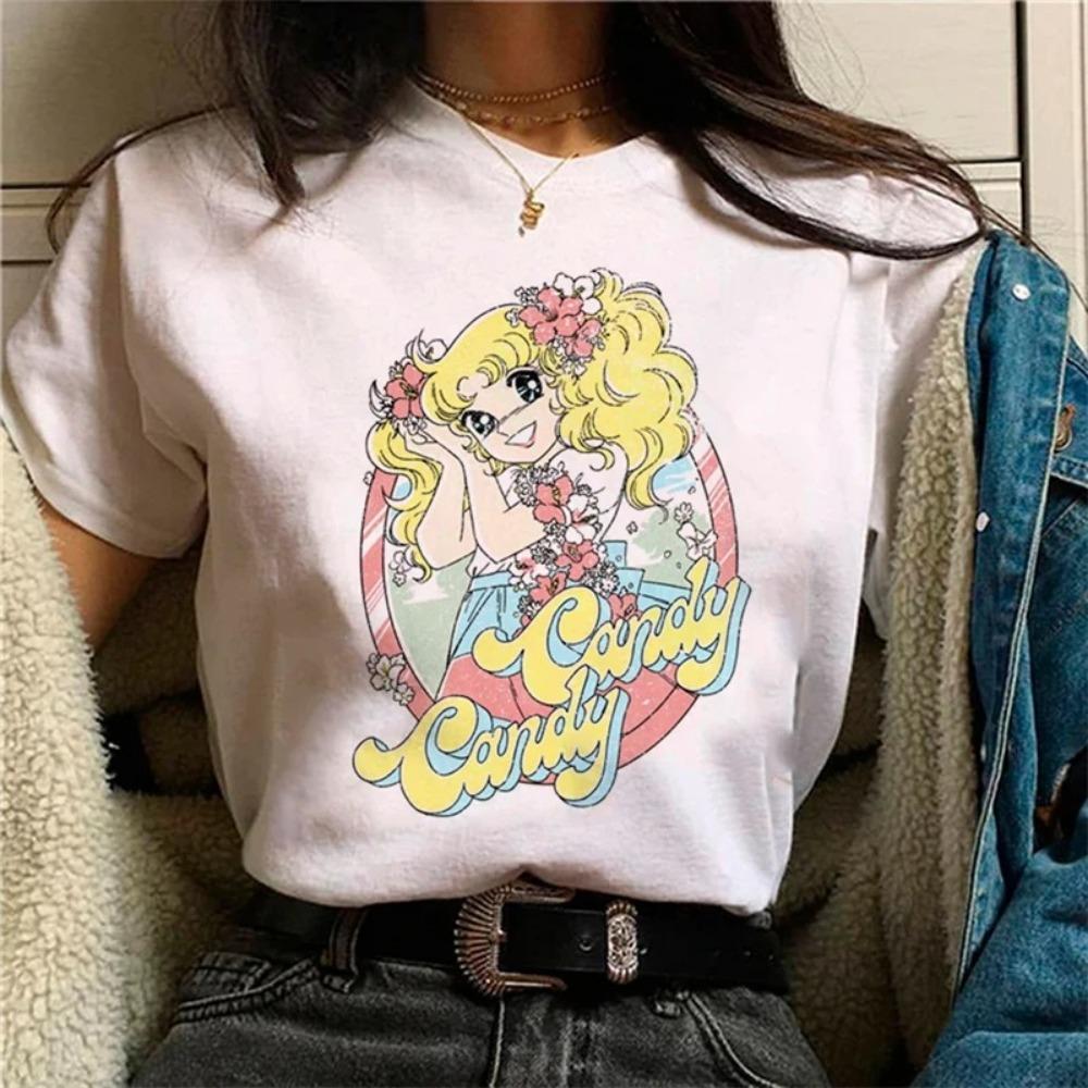 Koszulka Streetwear z Nadrukiem Cukierków i Kreskówek Ubrania Harajuku Moda Dziewczęca Koszulka z Krótkim Rękawem Letnia Koszulka Casualowa Damska z Okrągłym Dekoltem