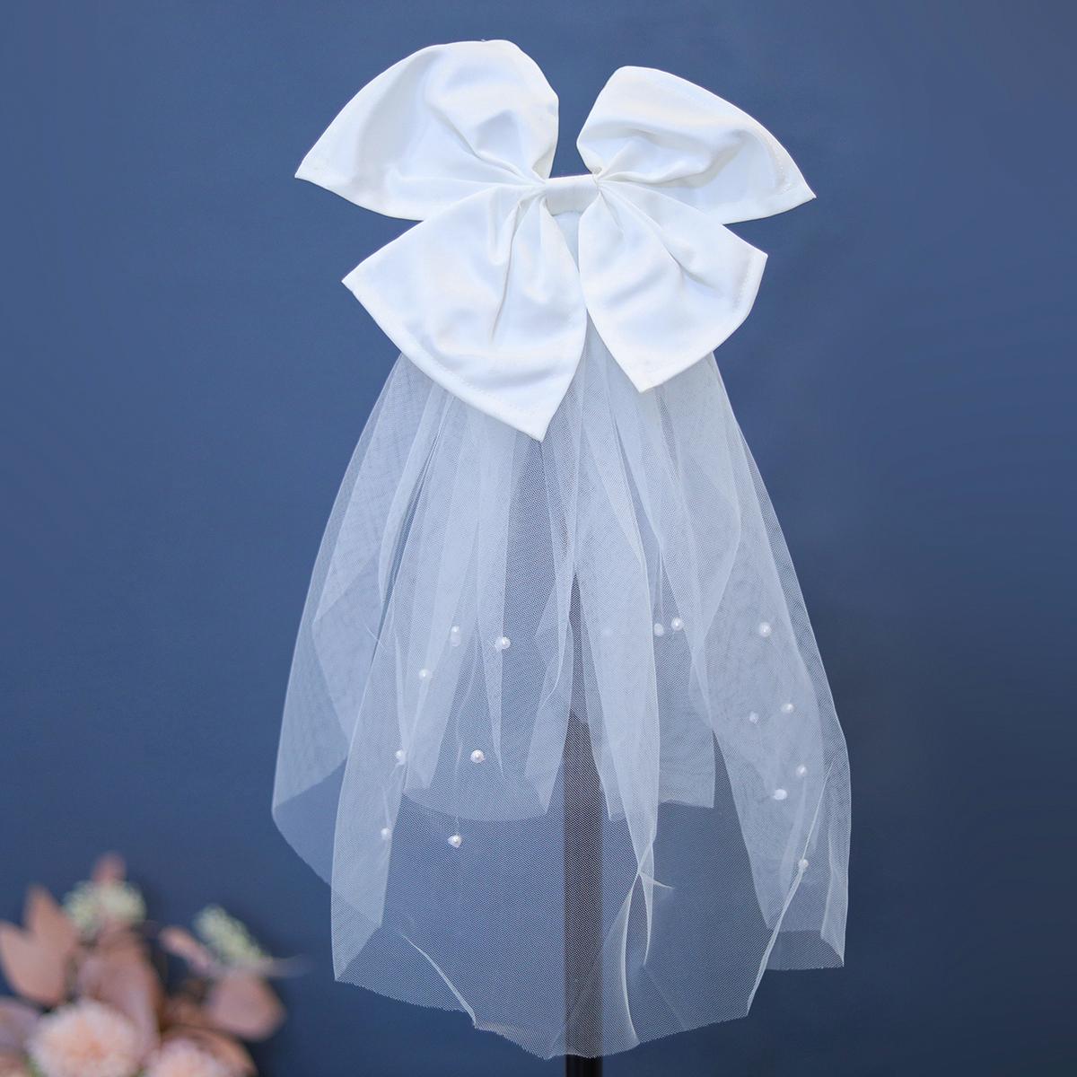 

Elegant Wedding Bridal Wedding Headdress White Veil Headpiece Imitation Pearl Bow Short Veil Back Head Decor Hair Accessories