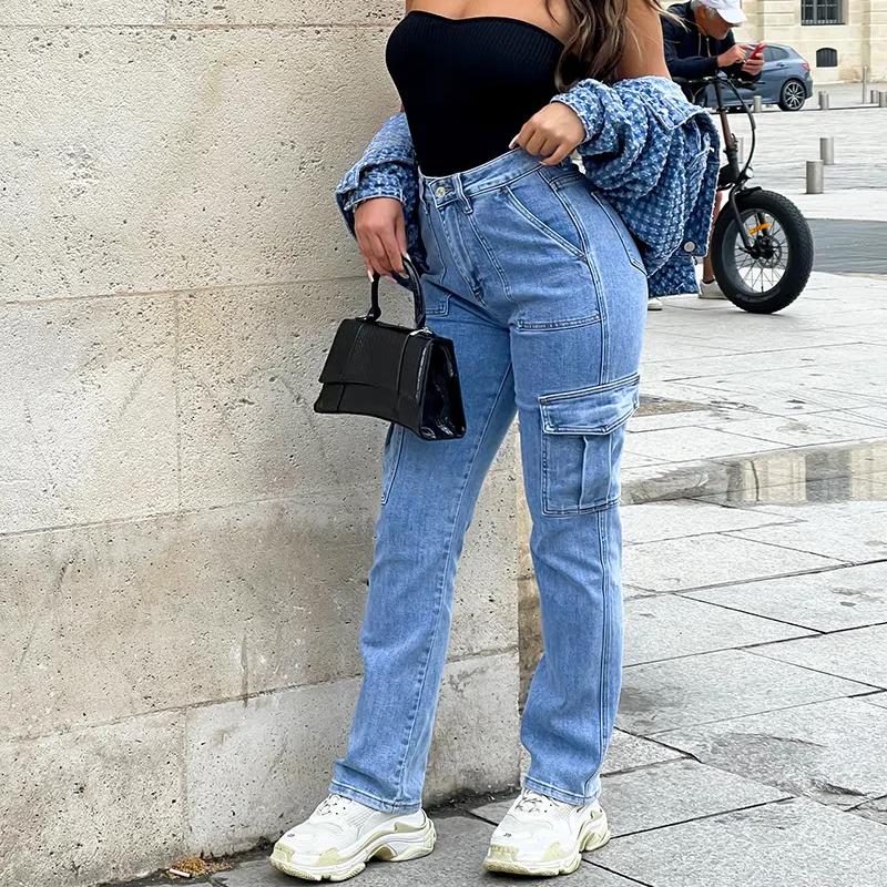 Jeans Cargo a Vita Alta da Donna con Tasche a Patta Gamba Larga Pantaloni in Denim da Lavoro da Donna Pantaloni in Denim a Gamba Dritta Multi-Tasche