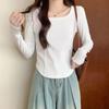 Right Shoulder Fishbone Waist Long-sleeved T-shirt for Women Autumn New Design Square Collar Curved Hem Bottoming Shirt Top Clothes