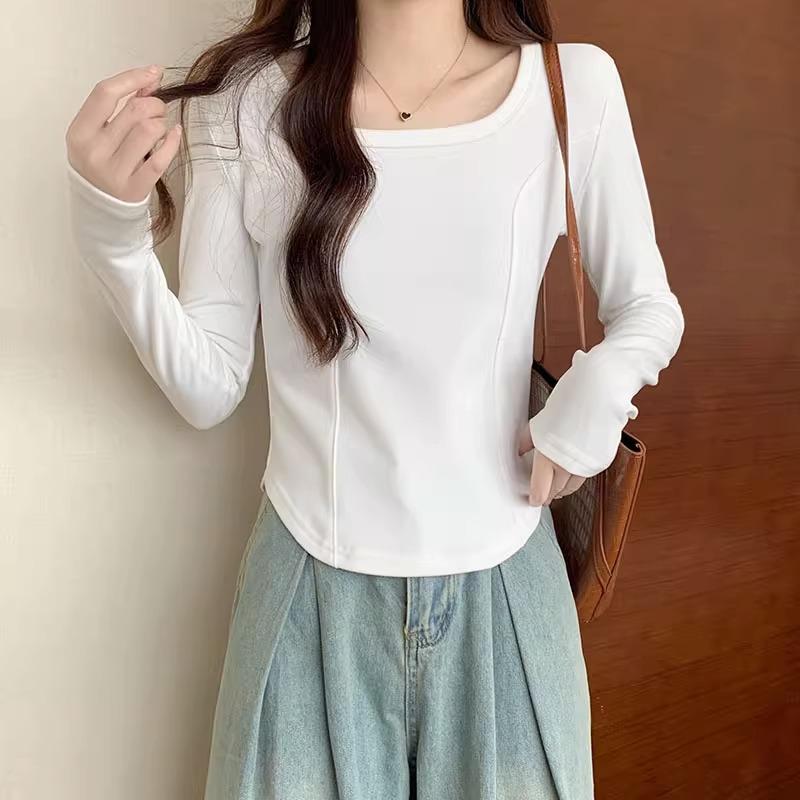 Right Shoulder Fishbone Waist Long-sleeved T-shirt for Women Autumn New Design Square Collar Curved Hem Bottoming Shirt Top Clothes