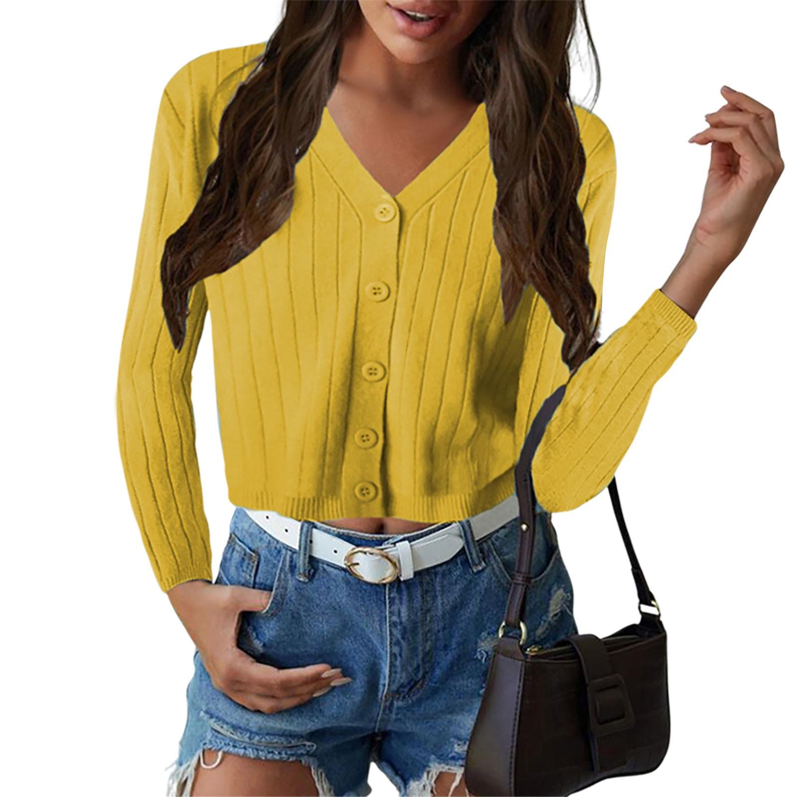 

Женский модный вязаный кардиган на пуговицах, однотонный топ с длинными рукавами XL жёлтый