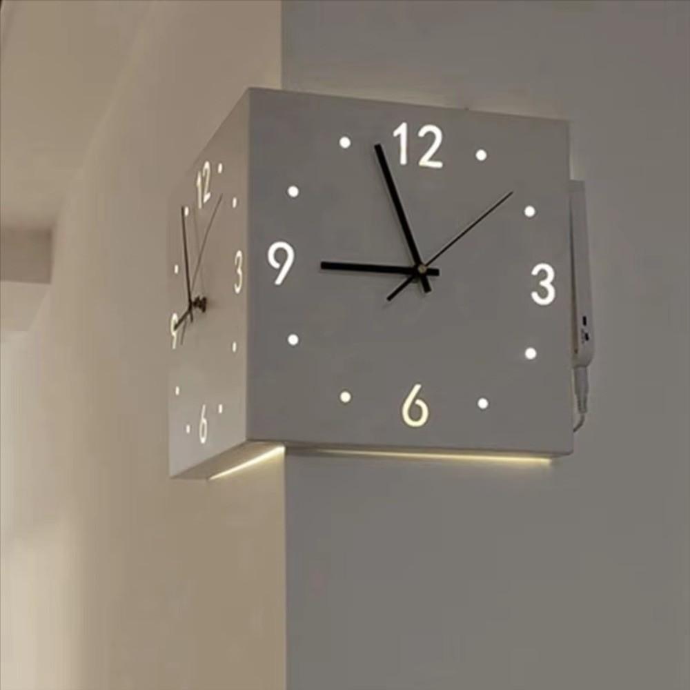 Non Ticking LED Corner Wall Clock Square Shape Metal Frame Double Sided Wall Clock Hollowed Out Inductive Luminous