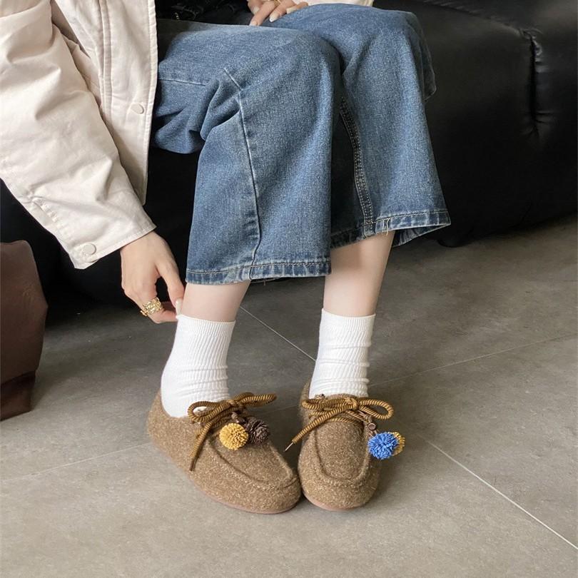 2025 new round toe platform matte flat outer wear commuter soft-soled women's singles shoes wool wool boxen shoes