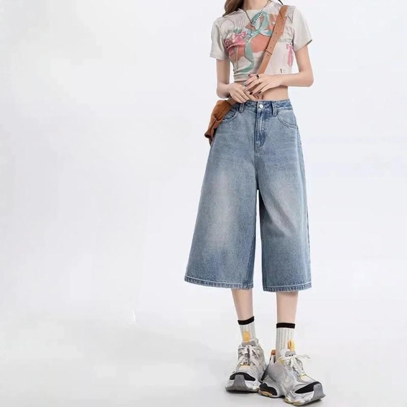 Damen Vintage Weite Beine Denim Capri Hosen Shorts Sommer Bauchkontrolle Locker Gerade Beine Lässig Streetwear