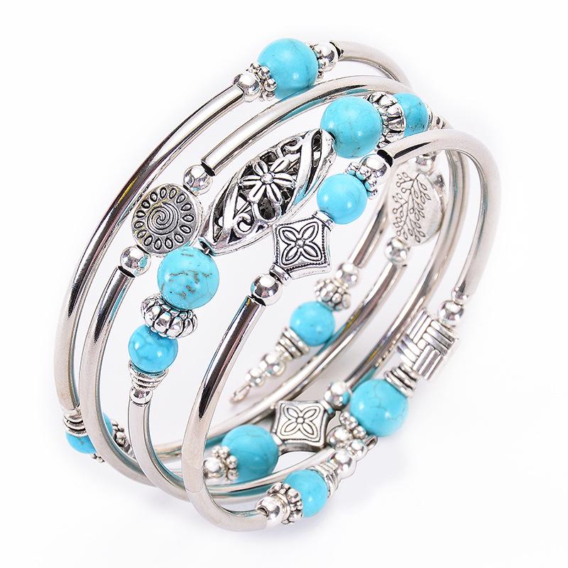 Natural Turquoise & Tiger Eye Multi-Layered Stone Wrap Bracelet
