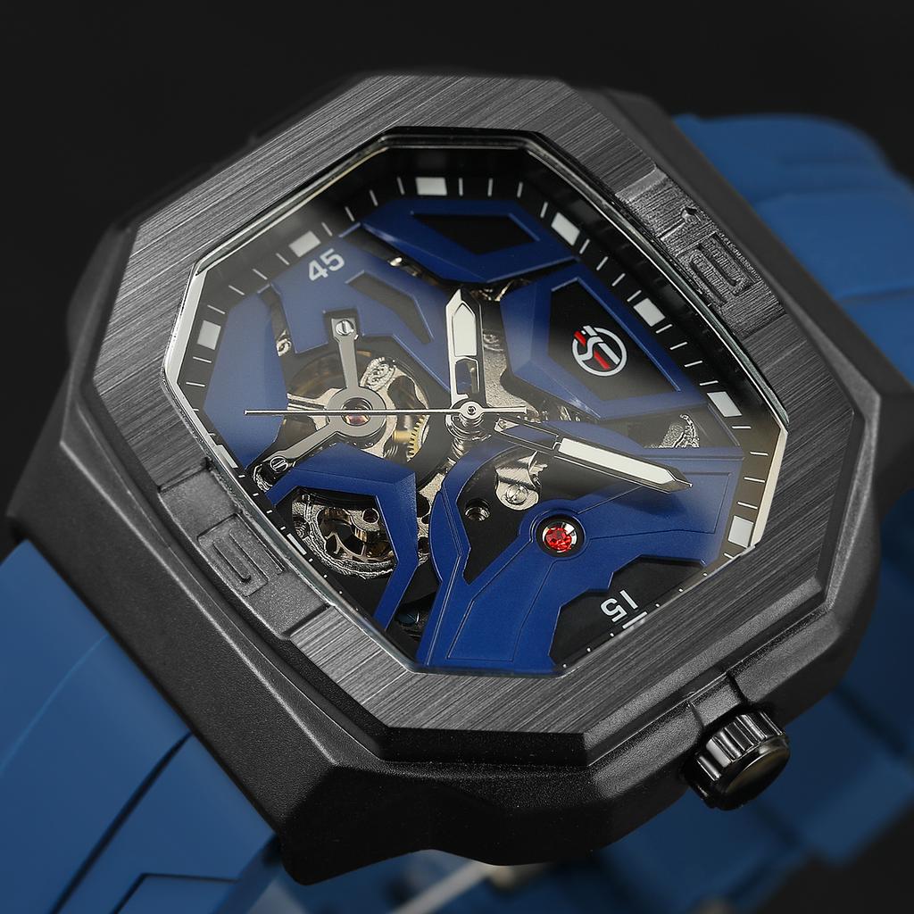 Forsining Mens Skeleton Automatic Self Wind Mechanical Movement Watches Waterproof Luminous Square Dial Silicone Strap Wrist Watch
