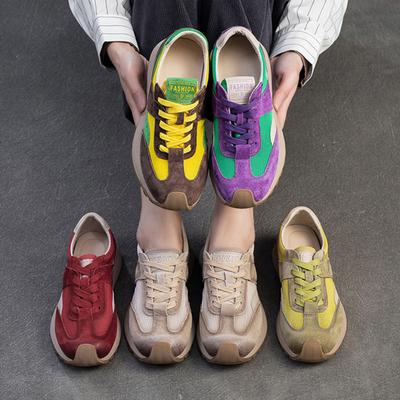 Sneakers casual in vera pelle con cuciture in rete traspirante, colori misti, comode e piatte, da donna