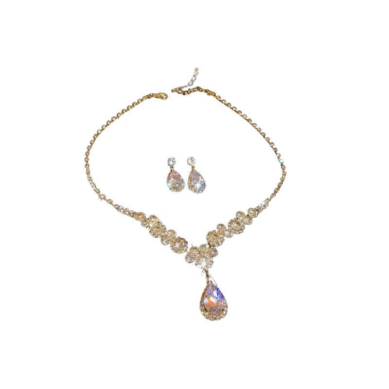 Waterdrop Zircon Inlaid Earrings Necklace Set Luxury Style Fashion Jewelry Women