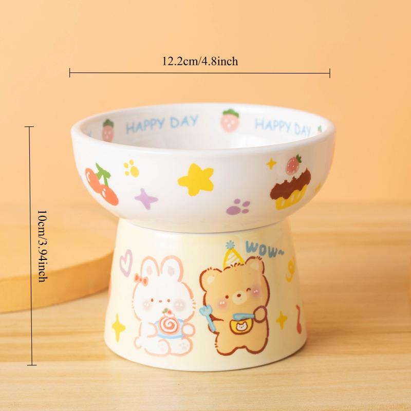 Cute Cartoon Ceramic Pet Bowl High Foot Neck Protection Flat Mouth Bowl Super Large Arc Structure